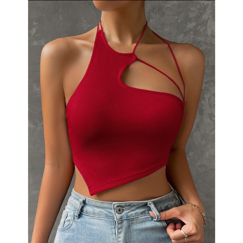 Áo croptop thun gân hai dây lệch vai MÀU ĐỎ JUNE.SG áo quây ngực 2 dây ôm body chéo vai