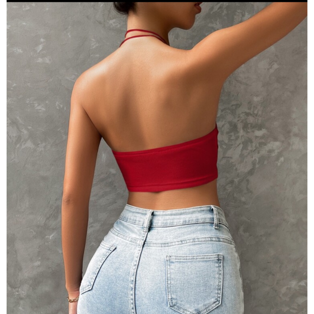 Áo croptop thun gân hai dây lệch vai MÀU ĐỎ JUNE.SG áo quây ngực 2 dây ôm body chéo vai