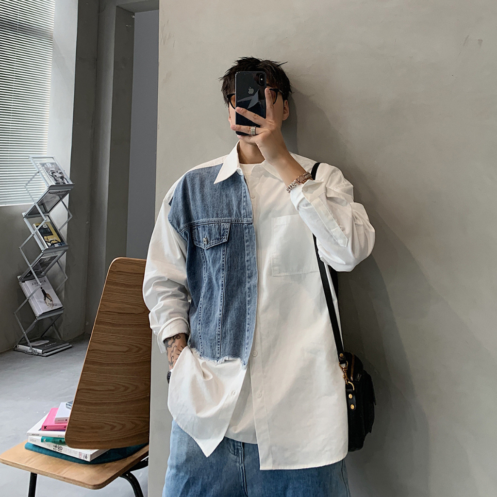 Áo Sơ Mi Dài Tay Phối Bò Form Rộng Chất Chéo Hàn Dày Dặn Thoáng Mát,Áo Sơ Mi 2 Màu Đen Trắng Phối Jeans Ngực Phong Cách