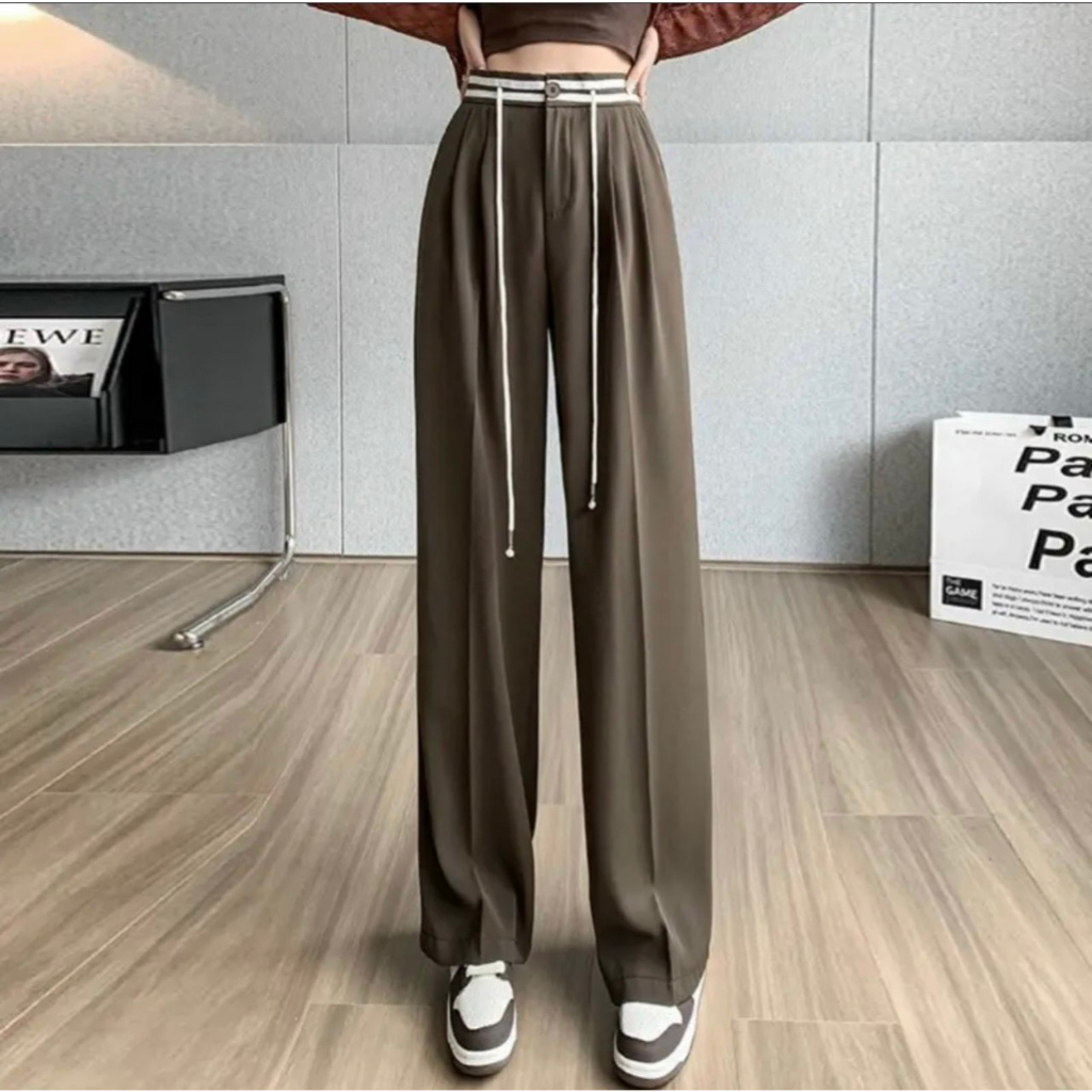 Quần Ống Suông Nữ Cạp Cao Phối Viền Trắng Kèm Dây Rút, Quần Culottes Lưng Chun Chất Dày Dặn- Hàng Quảng Châu Loại 1