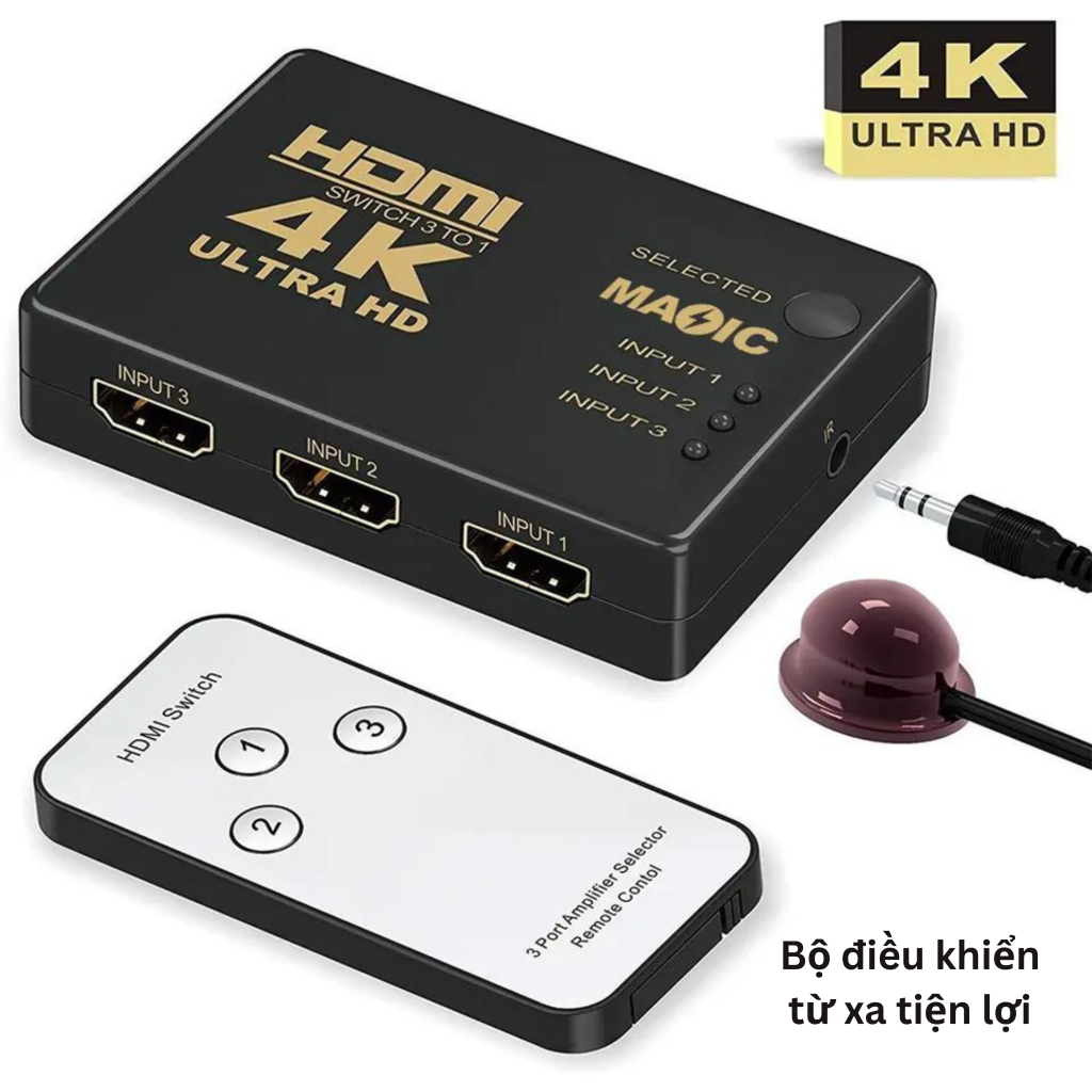 Bộ Chia HDMI 3 Ngõ Vào 1 Ngõ Ra kèm remote tiện lợi hỗ trợ độ phân giải 4K Full HD Cho TV Máy Chiếu từ TiVi Box PS4 PS3