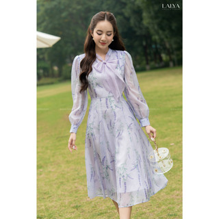 Váy tơ hoa đuôi cá bổ mảnh phối nơ-tím_lalya_d511