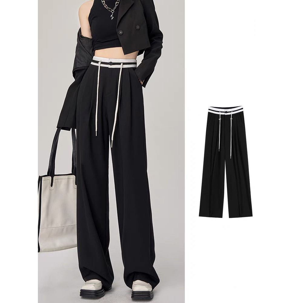 Quần Ống Suông Nữ Cạp Cao Phối Viền Trắng Kèm Dây Rút, Quần Culottes Lưng Chun Chất Dày Dặn- Hàng Quảng Châu Loại 1