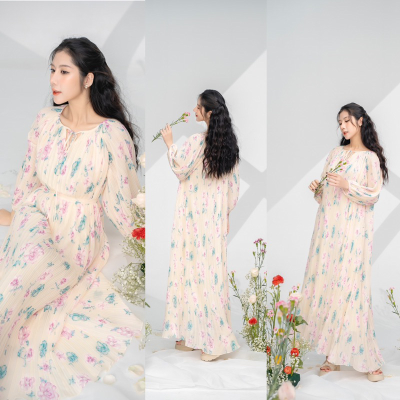 Váy maxi hoa dập ly kèm belt, dáng suông rộng dài