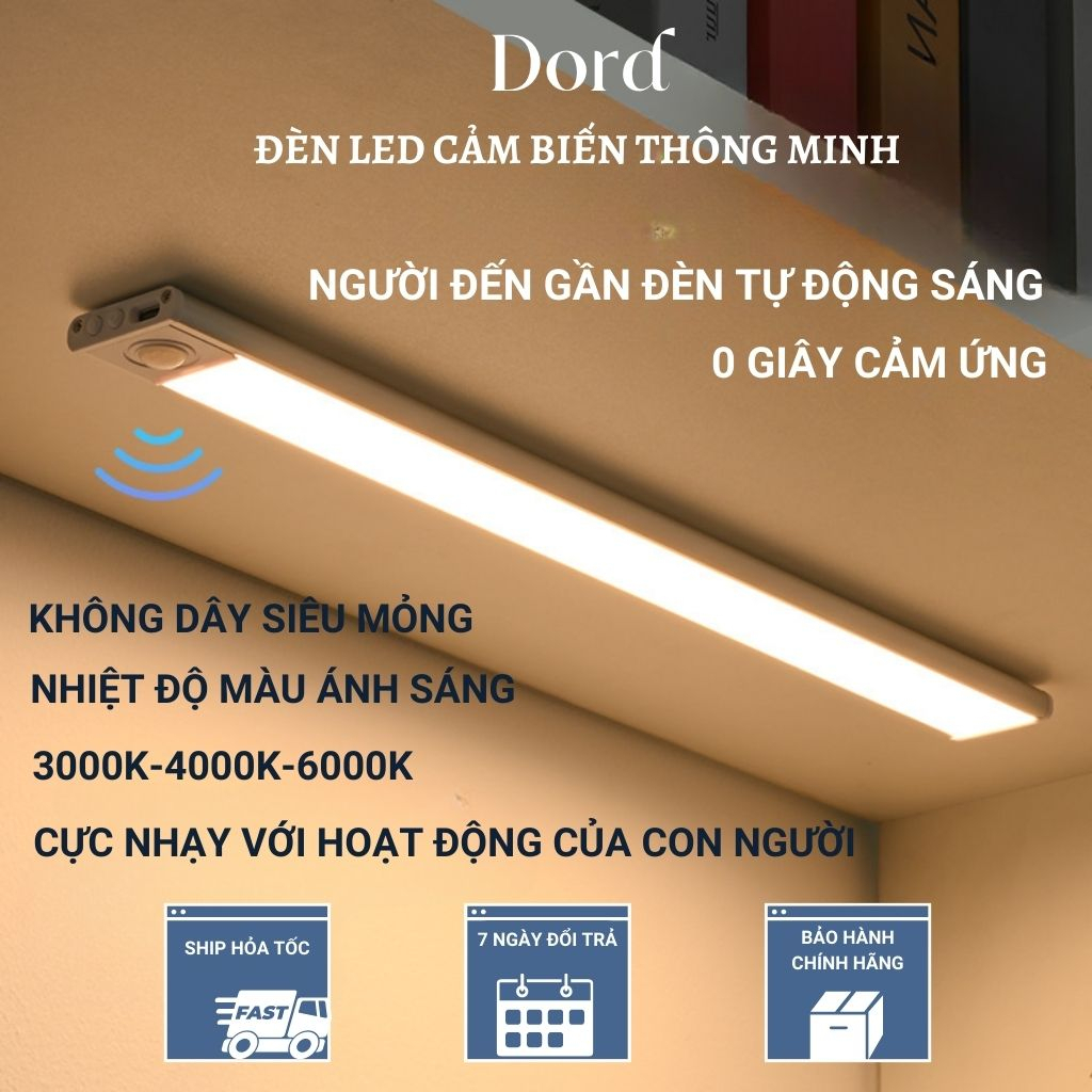 Đèn led cảm biến chuyển động thông minh tích điện cao cấp, pin sạc type C dùng ở tủ quần áo, cầu thang - DORD