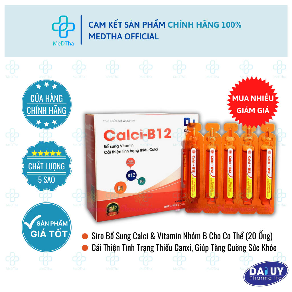 Calci B12 Đại Uy - Bổ Sung Canxi, Vitamin B, Giúp Xương Chắc Khoẻ, Tăng Chiều Cao, Ngăn Thiếu Máu (20 Ống) [Chính Hãng]