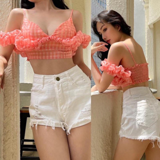 Áo Croptop 2 dây chất liệu voan ô dây tay bèo sang chảnh 271