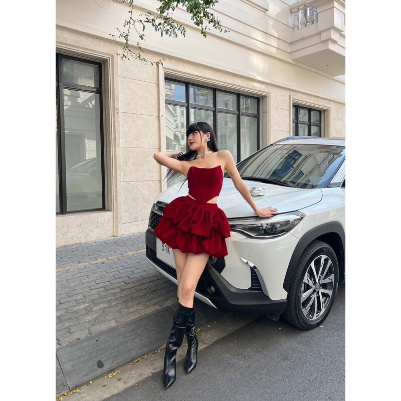 Set áo quây corset + chân váy bí chất nhung sang trọng sang chảnh 411