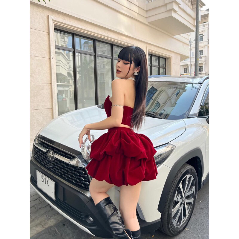 Set áo quây corset + chân váy bí chất nhung sang trọng sang chảnh 411