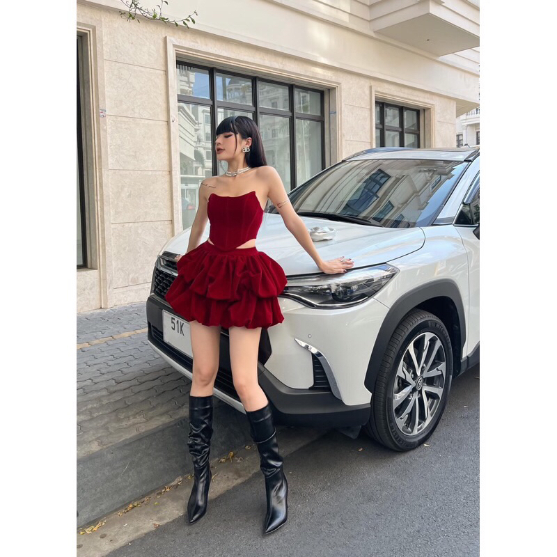 Set áo quây corset + chân váy bí chất nhung sang trọng sang chảnh 411