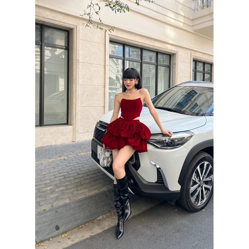 Set áo quây corset + chân váy bí chất nhung sang trọng sang chảnh 411