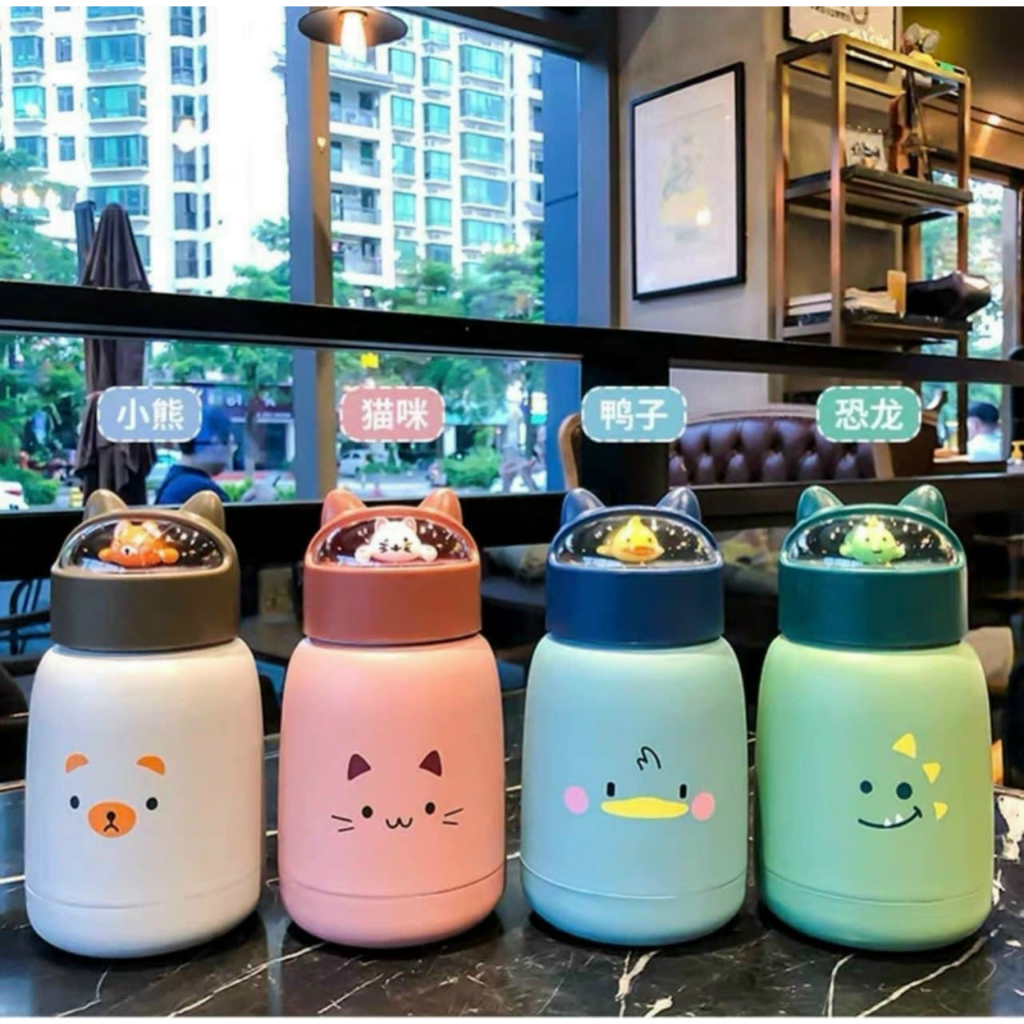 Bình nước giữ nhiệt 360ml nắp thú lõi thủy tinh bọc nhựa cách nhiệt tặng kèm ống hút inox
