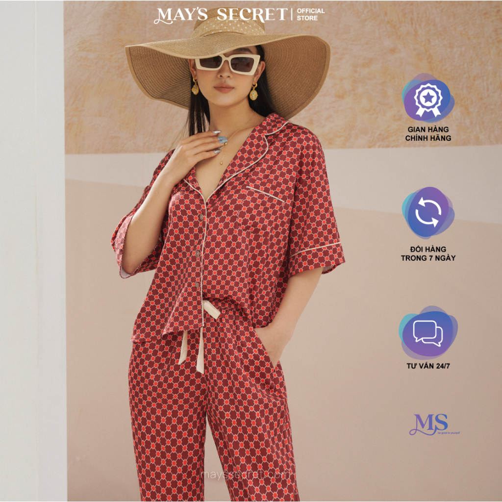 Bộ pyjama lụa Twill Silk cộc tay quần dài hoạ sao đỏ - May's Secret