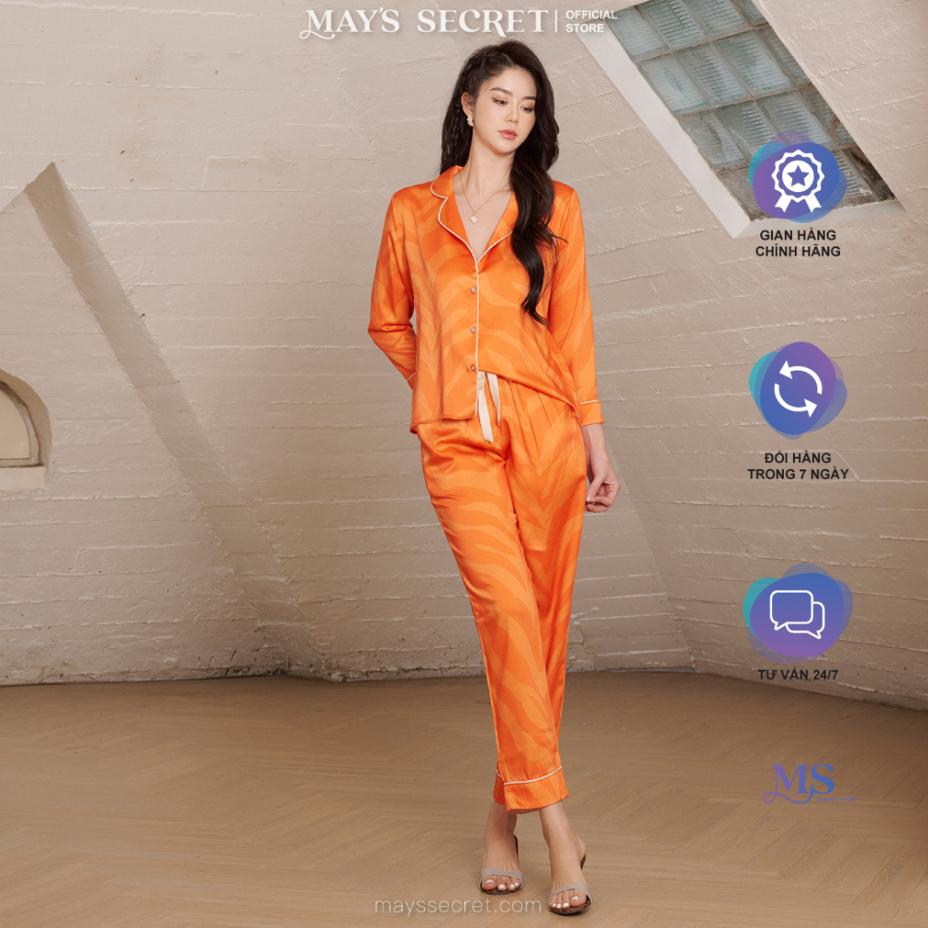 Bộ pyjama lụa Twill Silk dài tay quần dài hoạ zebar cam - May's Secret