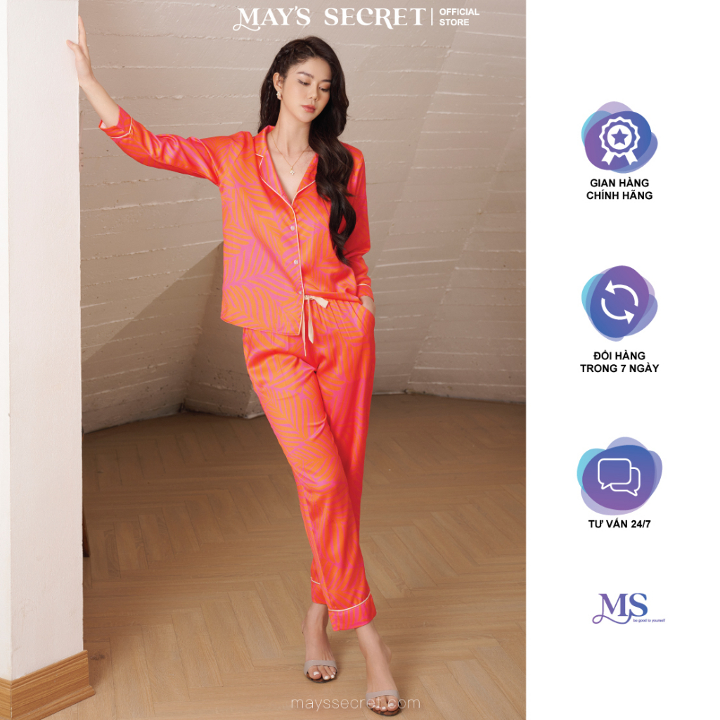 Bộ pyjama lụa Twill Silk dài tay quần dài hoạ tiết lá hồng cam - May's Secret