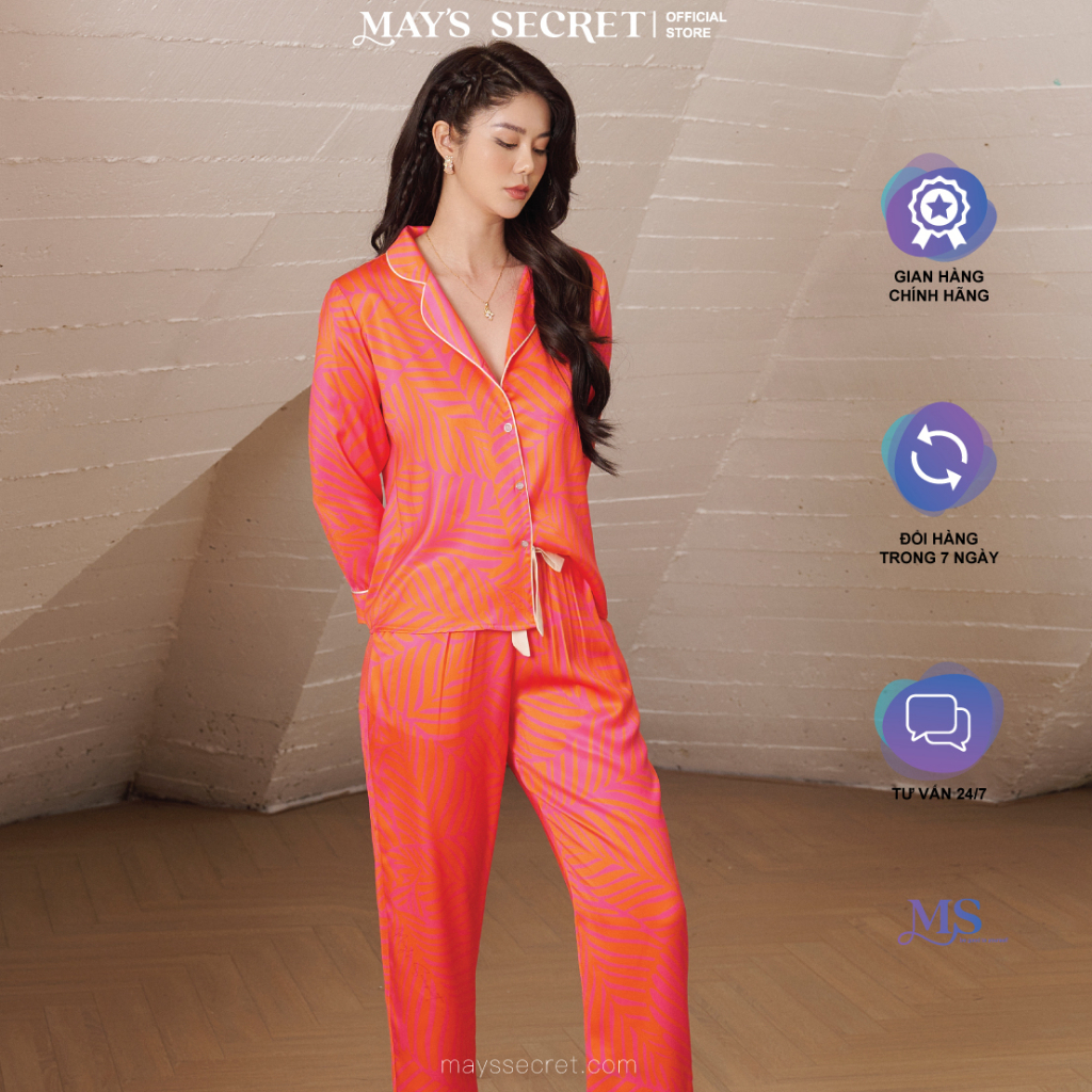 Bộ pyjama lụa Twill Silk dài tay quần dài hoạ tiết lá hồng cam - May's Secret