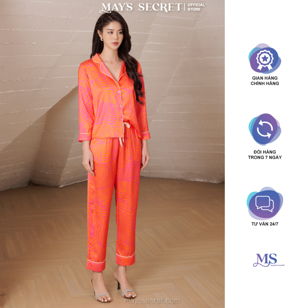 Bộ pyjama lụa Twill Silk dài tay quần dài hoạ tiết lá hồng cam - May's Secret