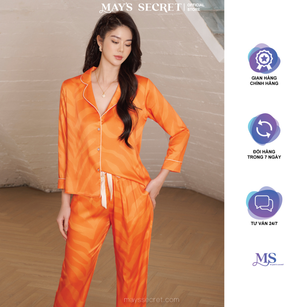 Bộ pyjama lụa Twill Silk dài tay quần dài hoạ zebar cam - May's Secret