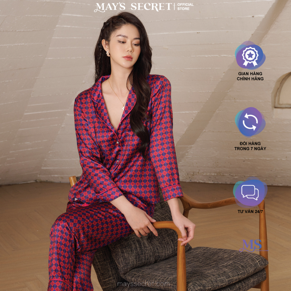 Bộ pyjama lụa Twill Silk dài tay quần dài hoạ tiết trám sen đỏ - May's Secret