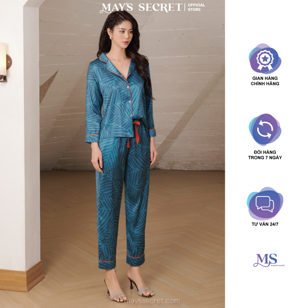 Bộ pyjama lụa Twill Silk dài tay quần dài hoạ tiết lá xanh - May's Secret