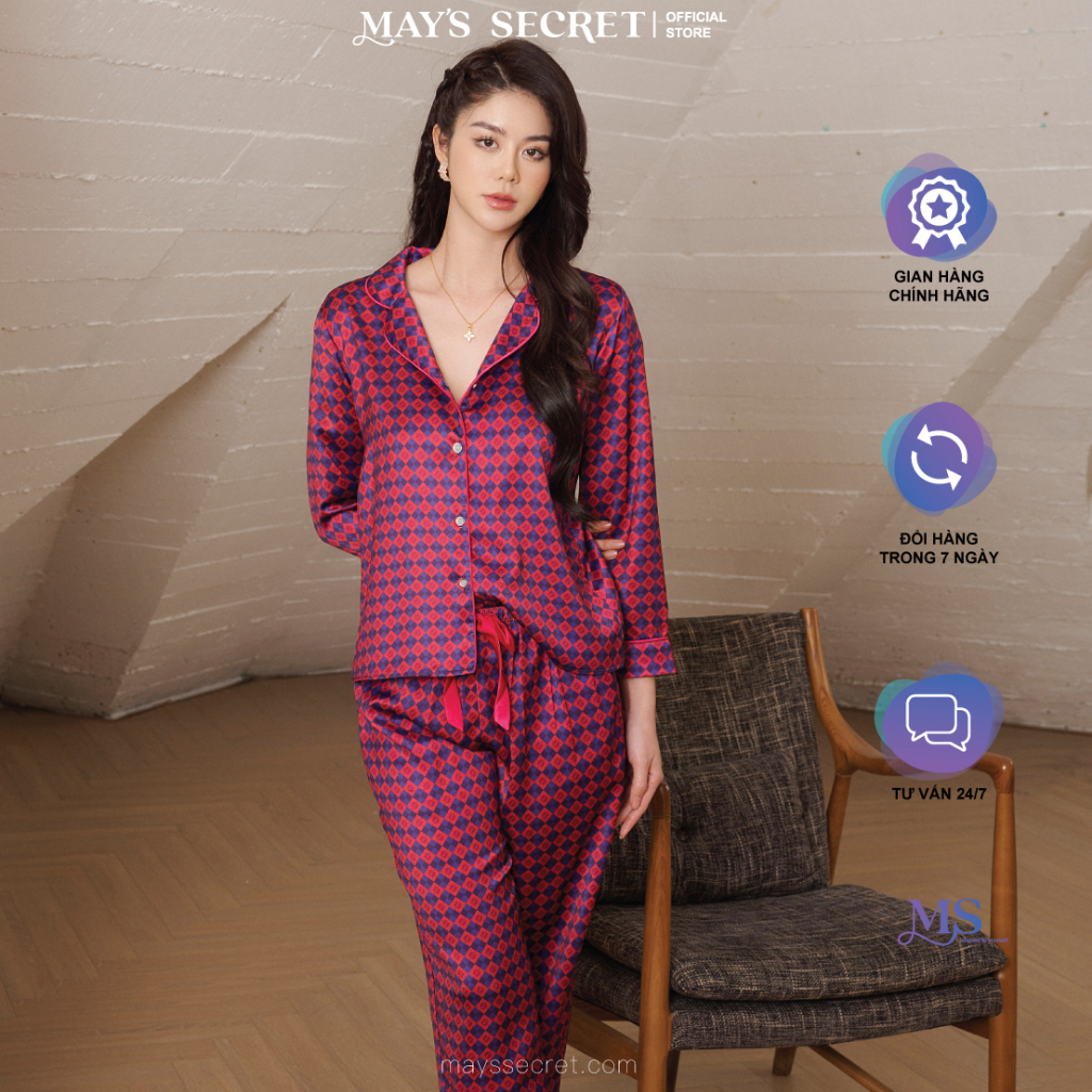 Bộ pyjama lụa Twill Silk dài tay quần dài hoạ tiết trám sen đỏ - May's Secret