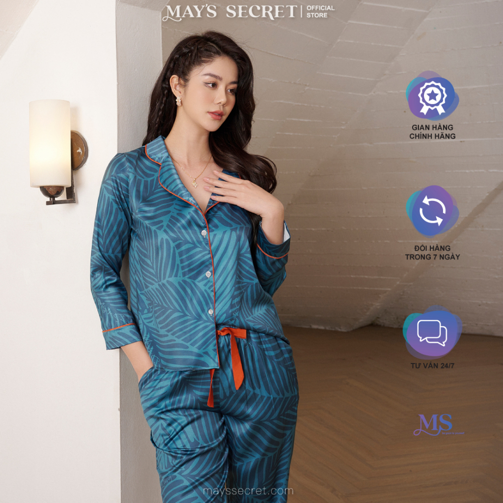 Bộ pyjama lụa Twill Silk dài tay quần dài hoạ tiết lá xanh - May's Secret