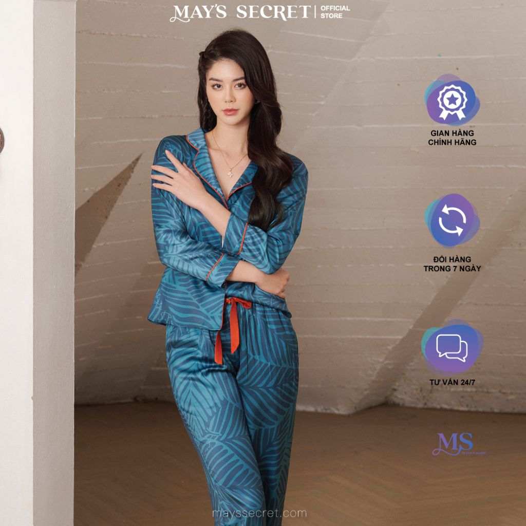 Bộ pyjama lụa Twill Silk dài tay quần dài hoạ tiết lá xanh - May's Secret