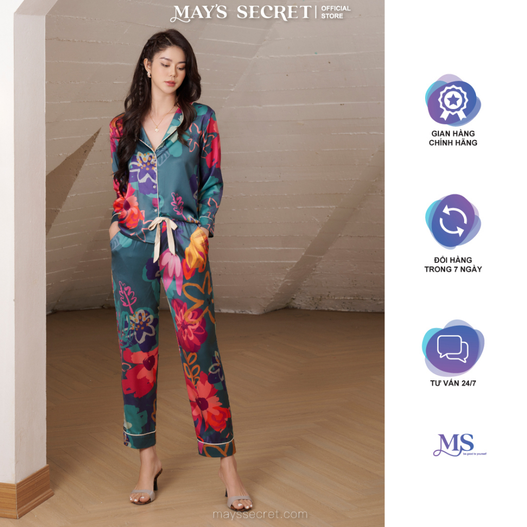 Bộ pyjama lụa Twill Silk dài tay quần dài hoạ tiết hoa rêu - May's Secret