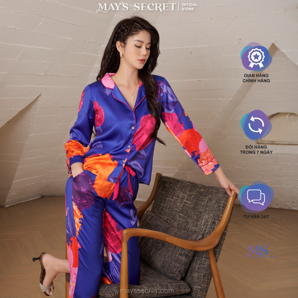 Bộ pyjamas lụa Twill Silk dài tay quần dài hoạ tiết hoa blue - May's Secret