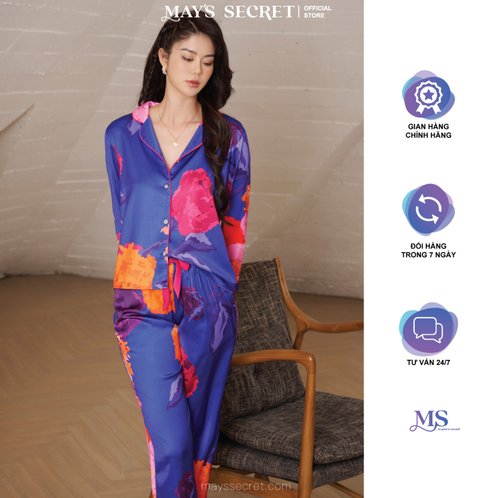 Bộ pyjamas lụa Twill Silk dài tay quần dài hoạ tiết hoa blue - May's Secret
