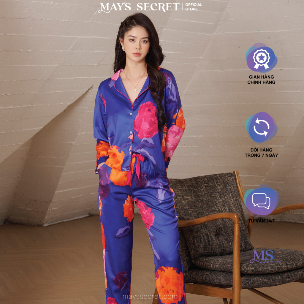 Bộ pyjamas lụa Twill Silk dài tay quần dài hoạ tiết hoa blue - May's Secret