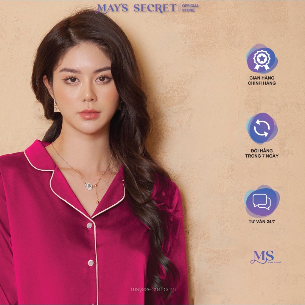 Bộ pyjama lụa Twill Silk dài tay quần dài hoạ tiết hồng sen - May's Secret