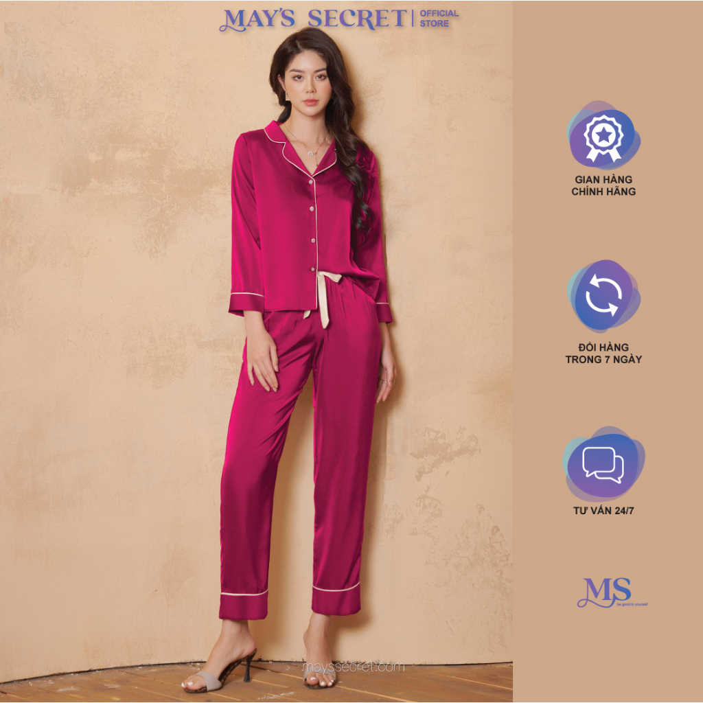 Bộ pyjama lụa Twill Silk dài tay quần dài hoạ tiết hồng sen - May's Secret