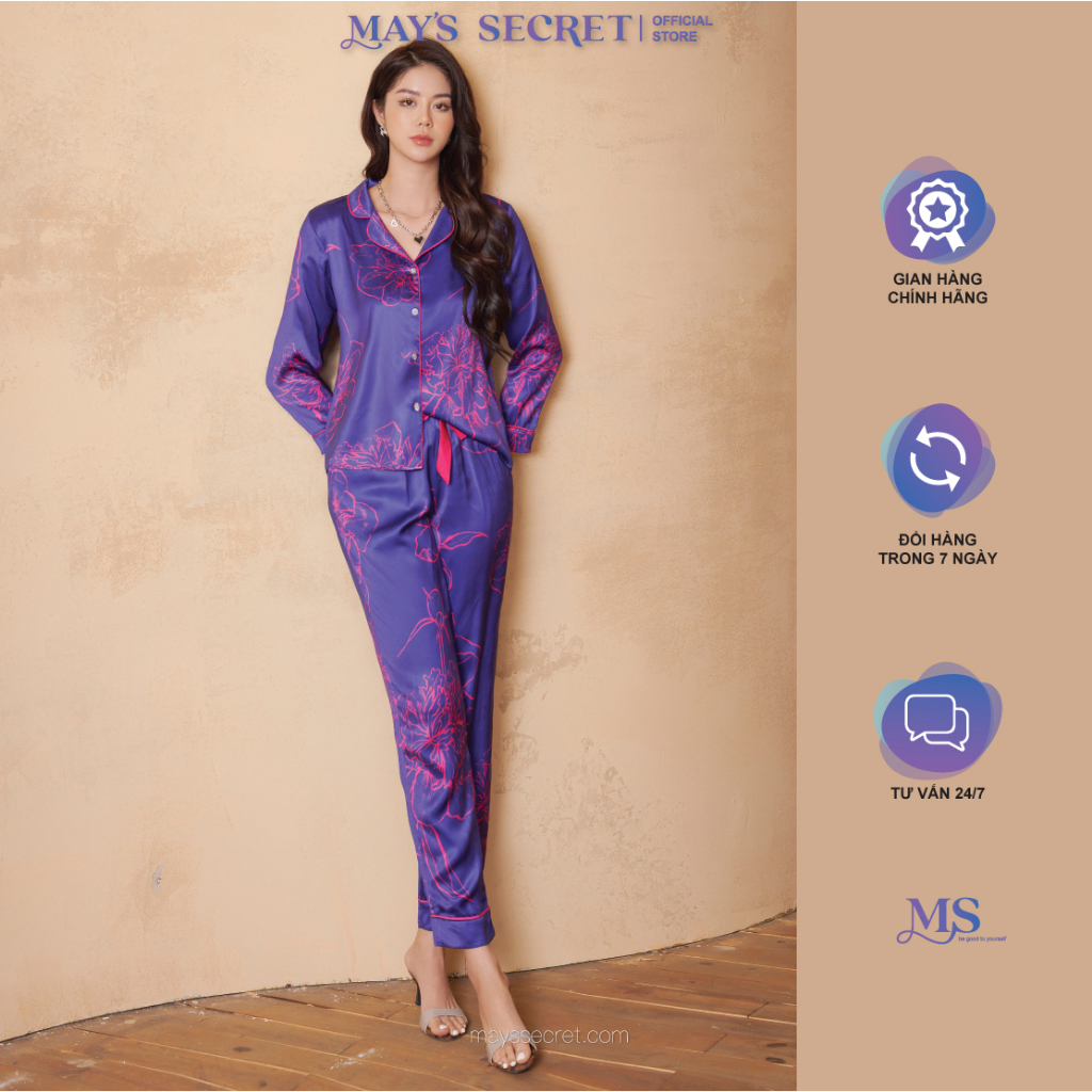 Bộ pyjama lụa Twill Silk dài tay quần dài hoạ hoa hồng dây - May's Secret