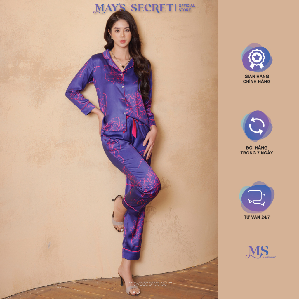 Bộ pyjama lụa Twill Silk dài tay quần dài hoạ hoa hồng dây - May's Secret