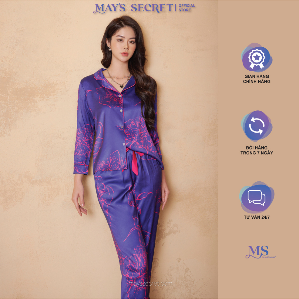 Bộ pyjama lụa Twill Silk dài tay quần dài hoạ hoa hồng dây - May's Secret