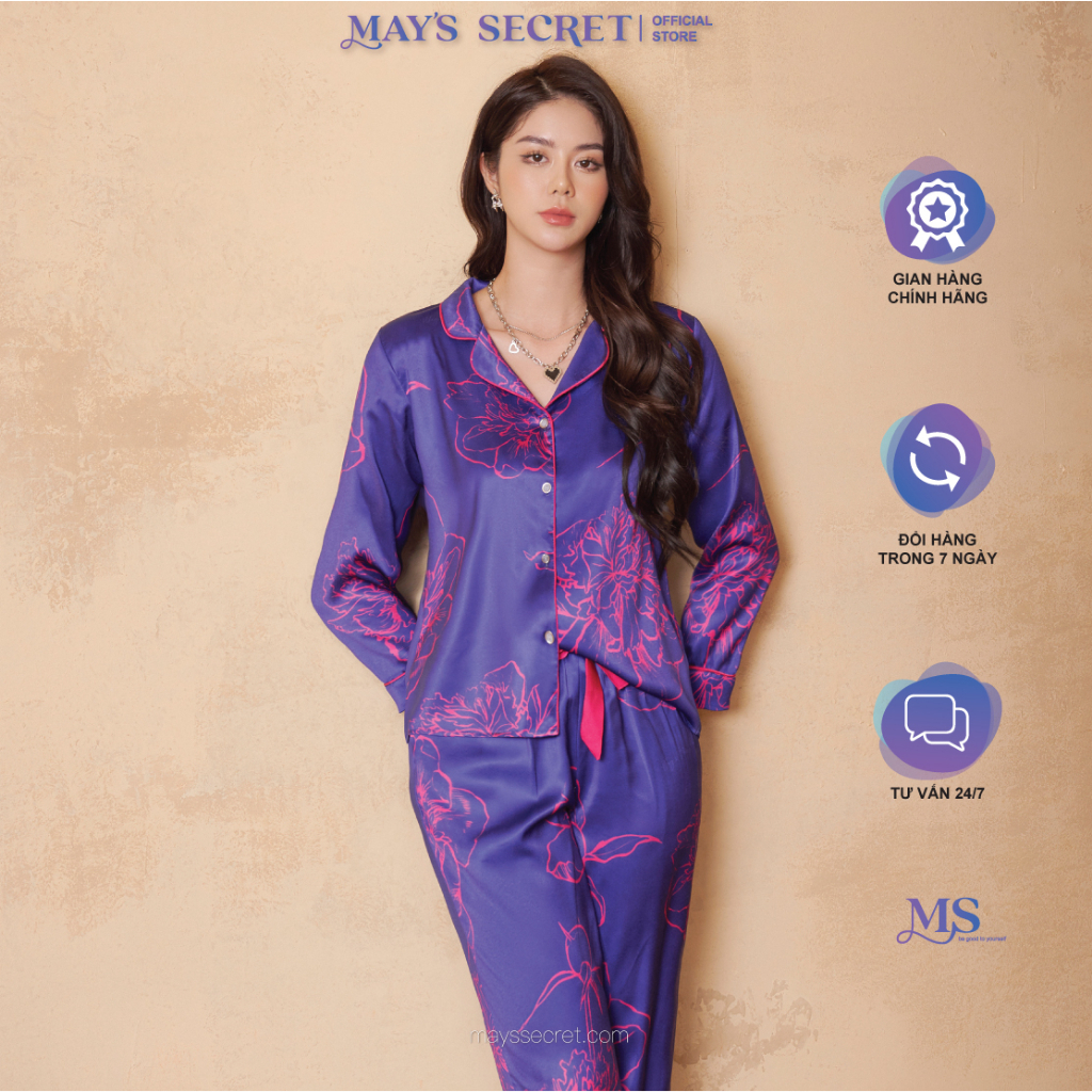 Bộ pyjama lụa Twill Silk dài tay quần dài hoạ hoa hồng dây - May's Secret