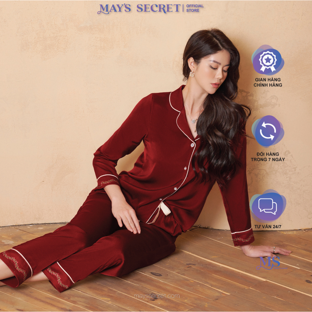 Bộ pyjama lụa Twill Silk dài tay quần dài đỏ nhung phối đáp in hoạ tiết - May's Secret