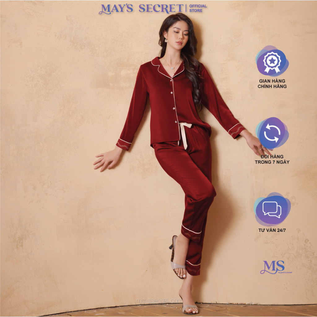 Bộ pyjama lụa Twill Silk dài tay quần dài đỏ nhung phối đáp in hoạ tiết - May's Secret