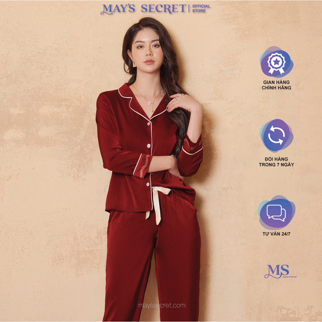 Bộ pyjama lụa Twill Silk dài tay quần dài đỏ nhung phối đáp in hoạ tiết - May's Secret