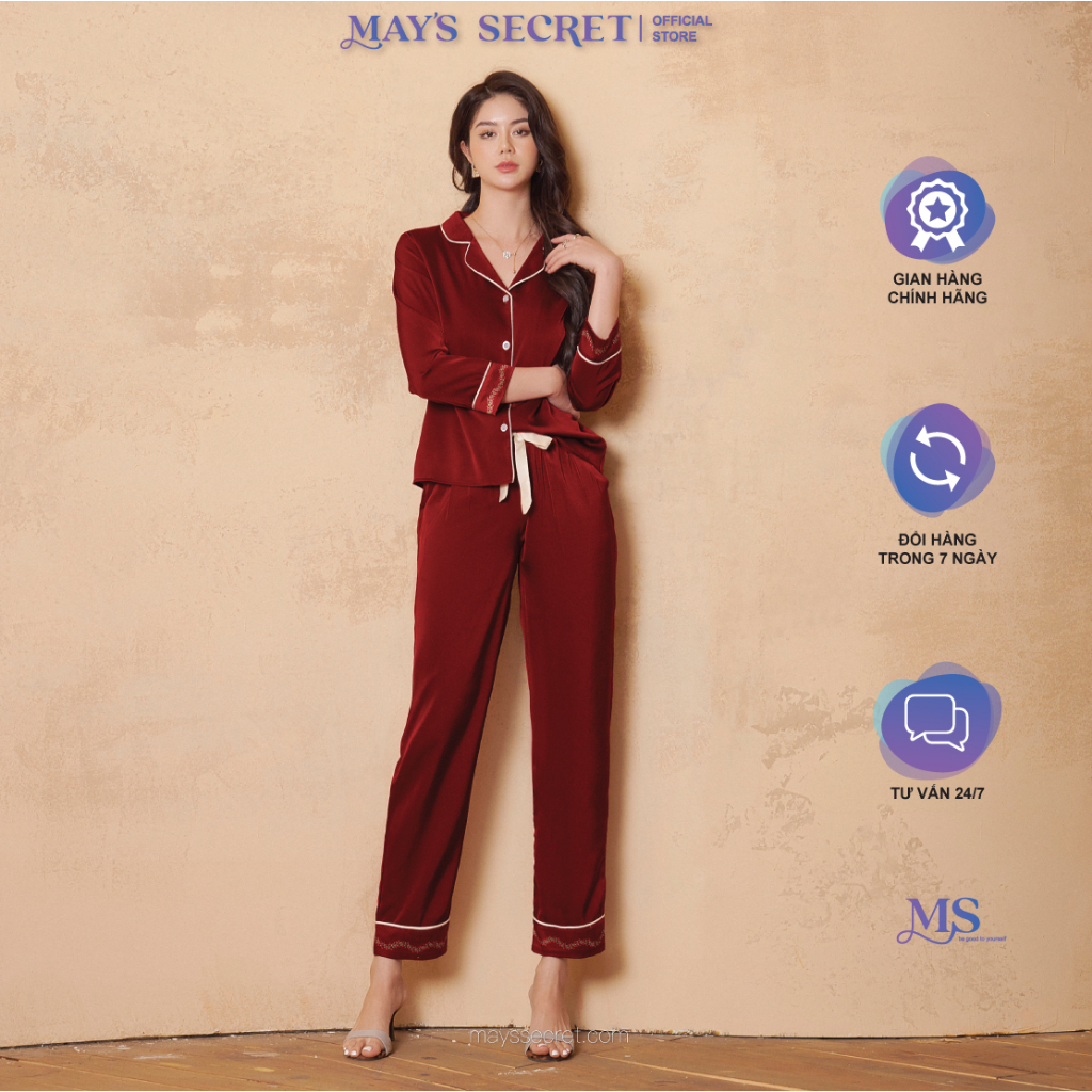 Bộ pyjama lụa Twill Silk dài tay quần dài đỏ nhung phối đáp in hoạ tiết - May's Secret