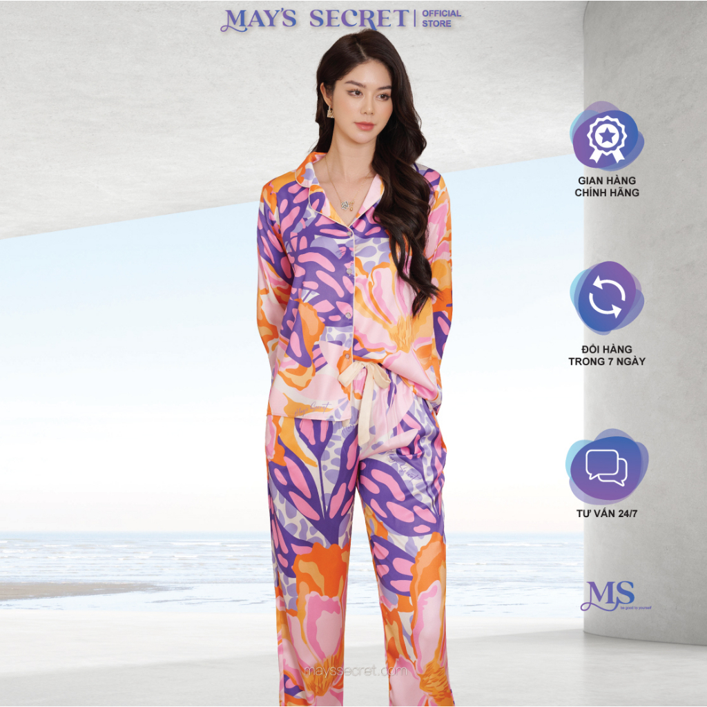 Bộ pyjama lụa Twill Silk dài tay quần dài hoạ tiết hoa cam tím - May's Secret