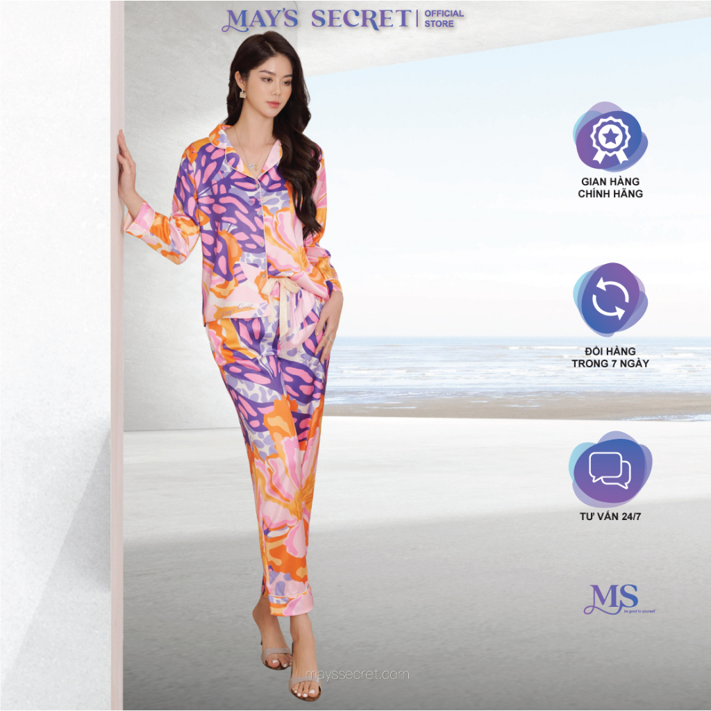 Bộ pyjama lụa Twill Silk dài tay quần dài hoạ tiết hoa cam tím - May's Secret