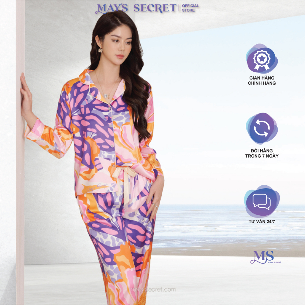 Bộ pyjama lụa Twill Silk dài tay quần dài hoạ tiết hoa cam tím - May's Secret