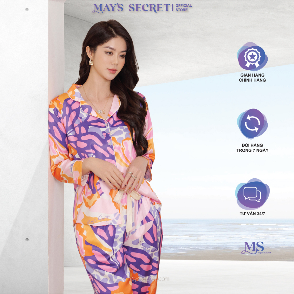 Bộ pyjama lụa Twill Silk dài tay quần dài hoạ tiết hoa cam tím - May's Secret