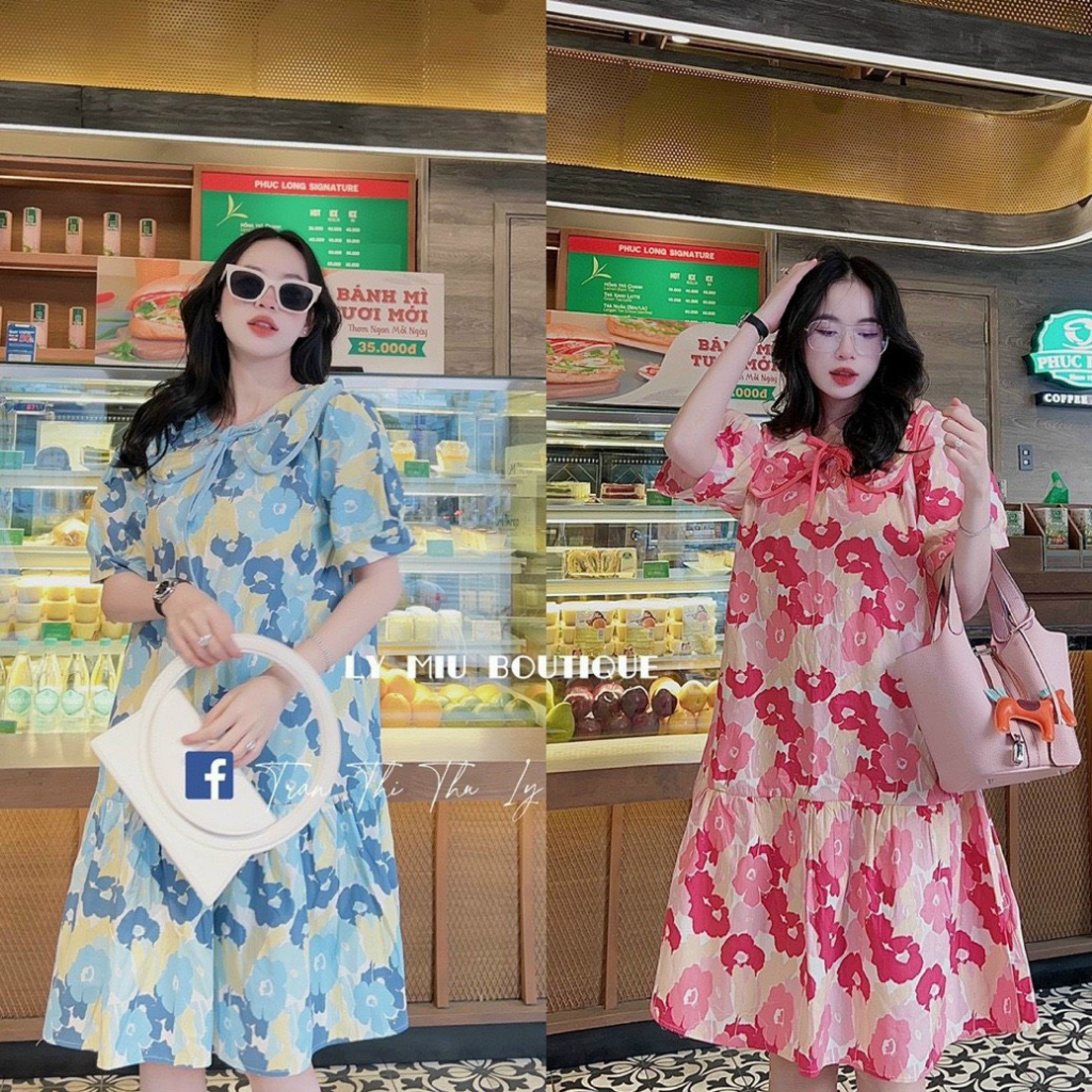 Đầm váy nữ dành cho các mẹ bầu họa tiết hoa kết nơ cổ bèo siêu xinh xắn nhún tầng với 2 tone màu quyến rũ, trẻ trung