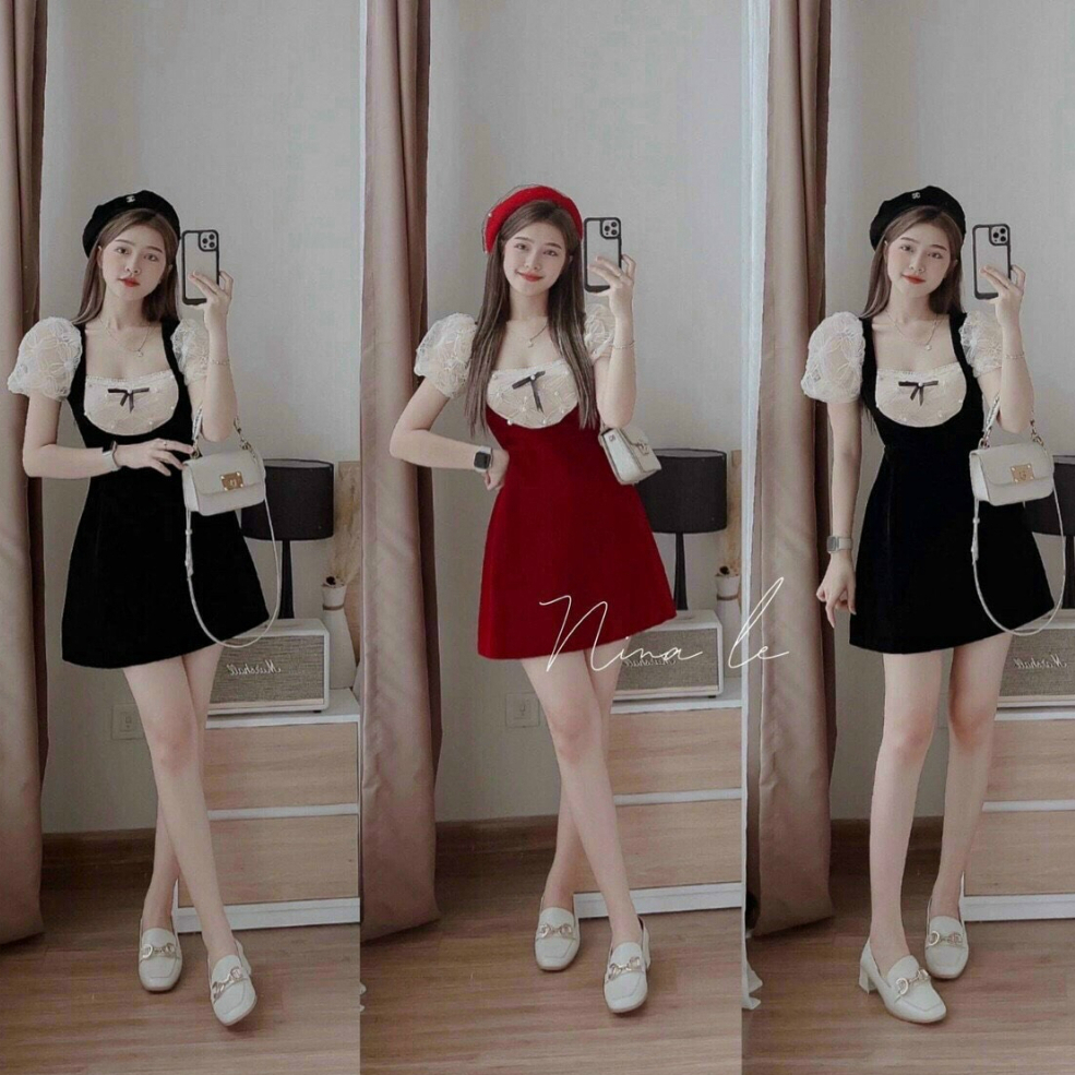 Đầm váy nữ nhung phối ren hoa cực kì xinh xắn, đáng yêu dáng ngắn xòe dành cho các tình yêu đi dự tiệc, đi dạo
