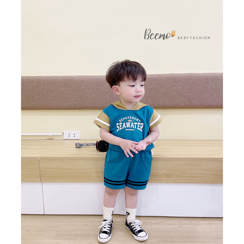 Set bộ hoodie Beemo in chữ Seawater mặc hè chất liệu cotton co giãn, thấm hút mồ hôi cho bé từ 1 - 7 tuổi 22429B