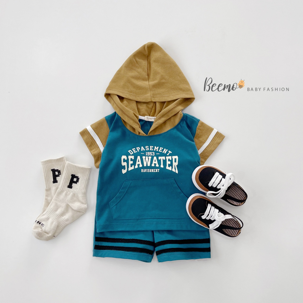 Set bộ hoodie Beemo in chữ Seawater mặc hè chất liệu cotton co giãn, thấm hút mồ hôi cho bé từ 1 - 7 tuổi 22429B