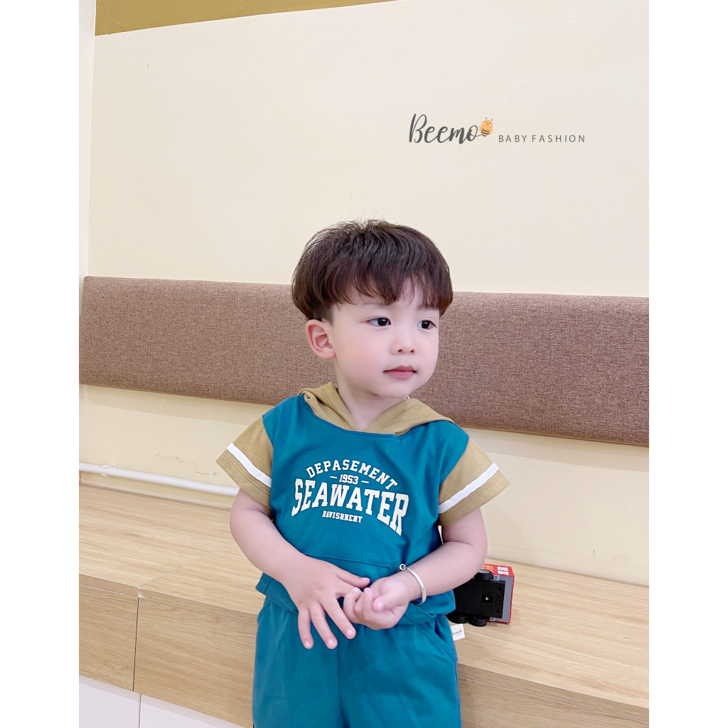 Set bộ hoodie Beemo in chữ Seawater mặc hè chất liệu cotton co giãn, thấm hút mồ hôi cho bé từ 1 - 7 tuổi 22429B